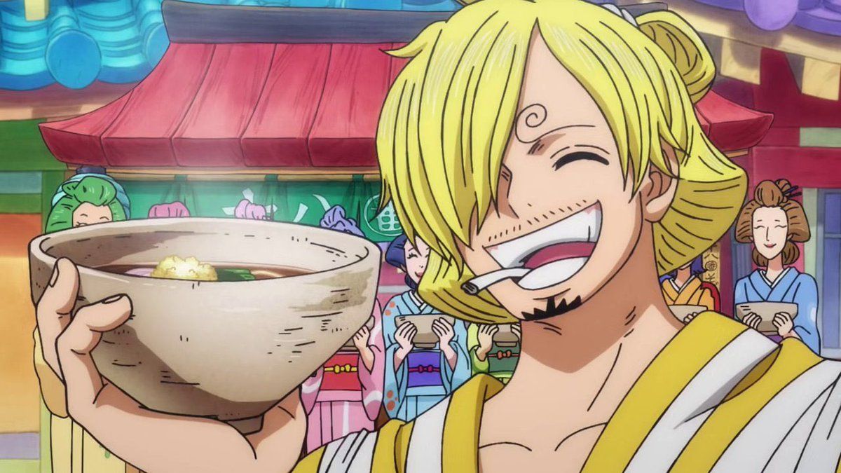 Sanji from One Piece in the Wano Arc holds a bowl of soup.