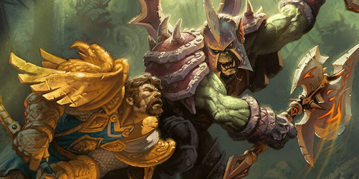 A human and orc fight in World of Warcraft Trading Card Game