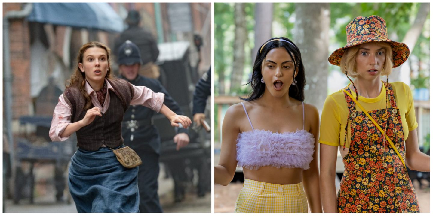 A split image of 2020s teen movies: Milly Bobby Brown as Enola Holmes, and Drea and Eleanor in Do Revenge