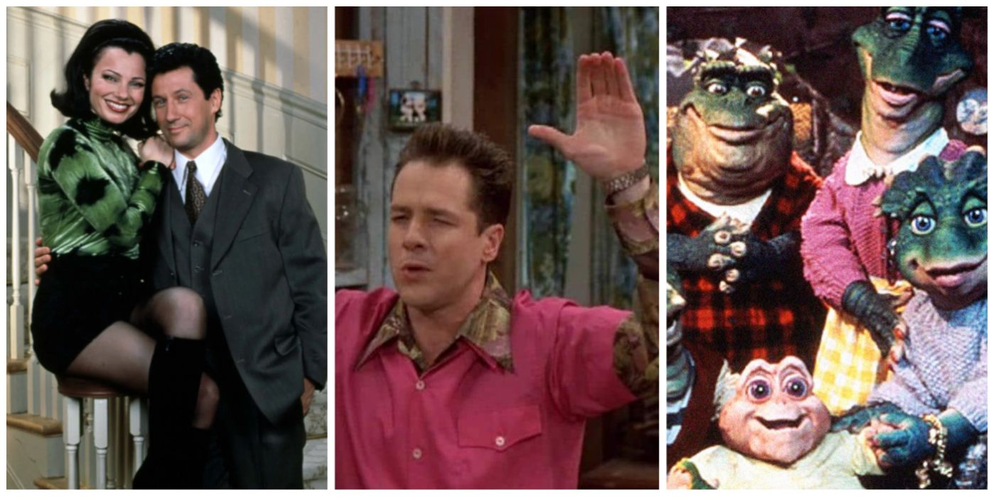 A split image of 90s sitcoms, The Nanny, 3rd Rock From the Sun, and Dinosaurs