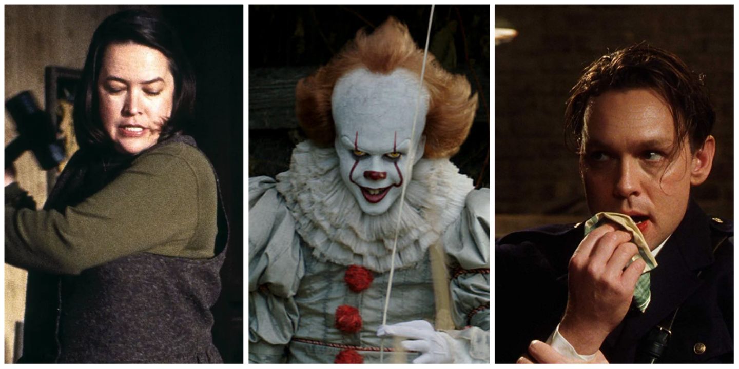 A split image of Stephen King villains: Annie Wilkes in Misery, Pennywise in IT, and Percy Whetmore in Green Mile 