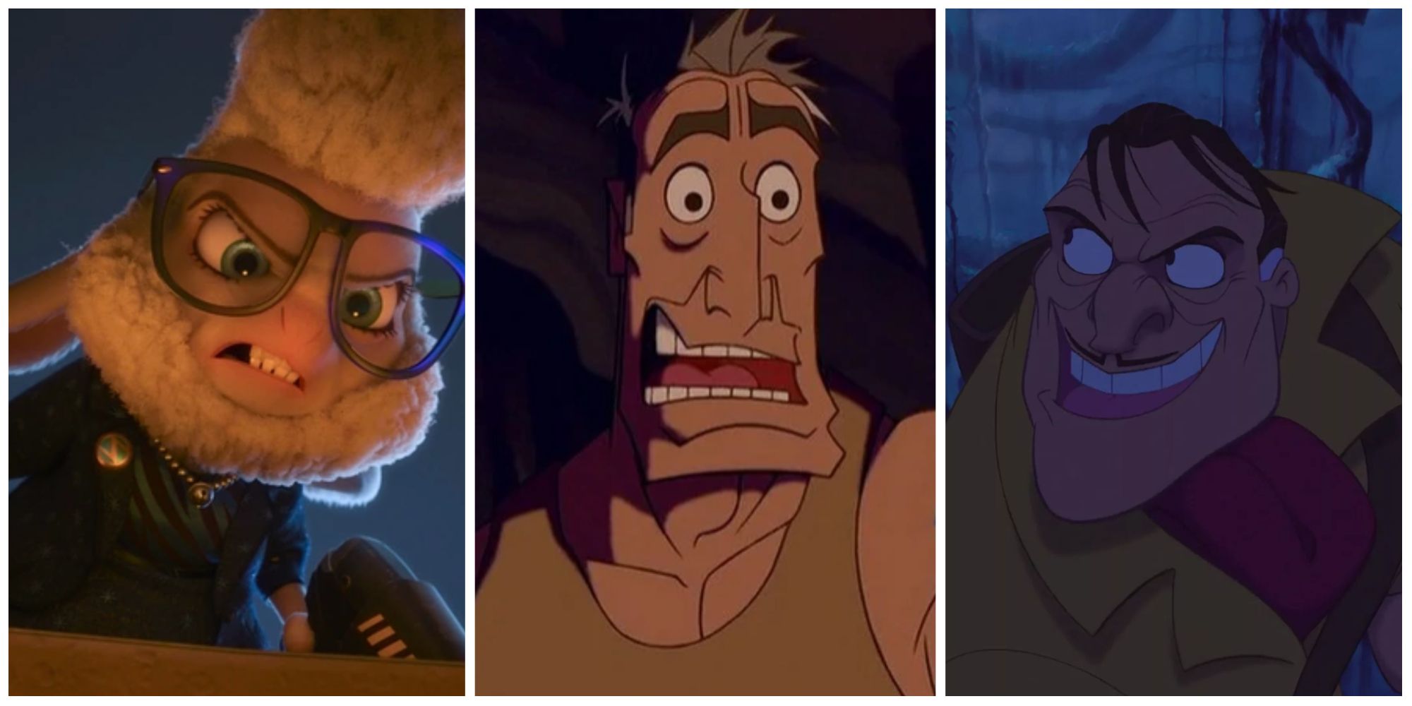A split image of Disney villains: Bellweather in Zootopia, Commander Rourke in Atlantis: The Lost Empire, and Clayton in Tarzan