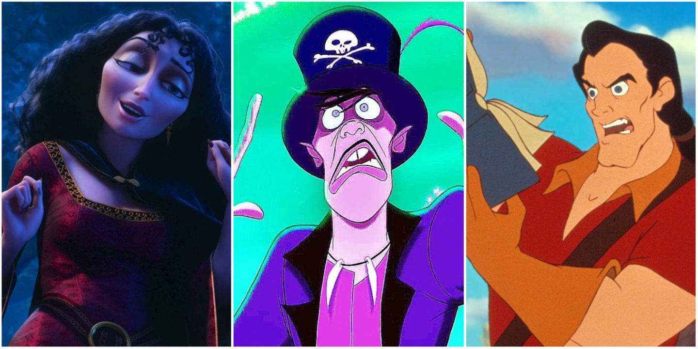 A split image of Disney villains: Mother Gothel in Tangled, Dr. Facilier in The Princess And The Frog, and Gaston in Beauty & The Beast