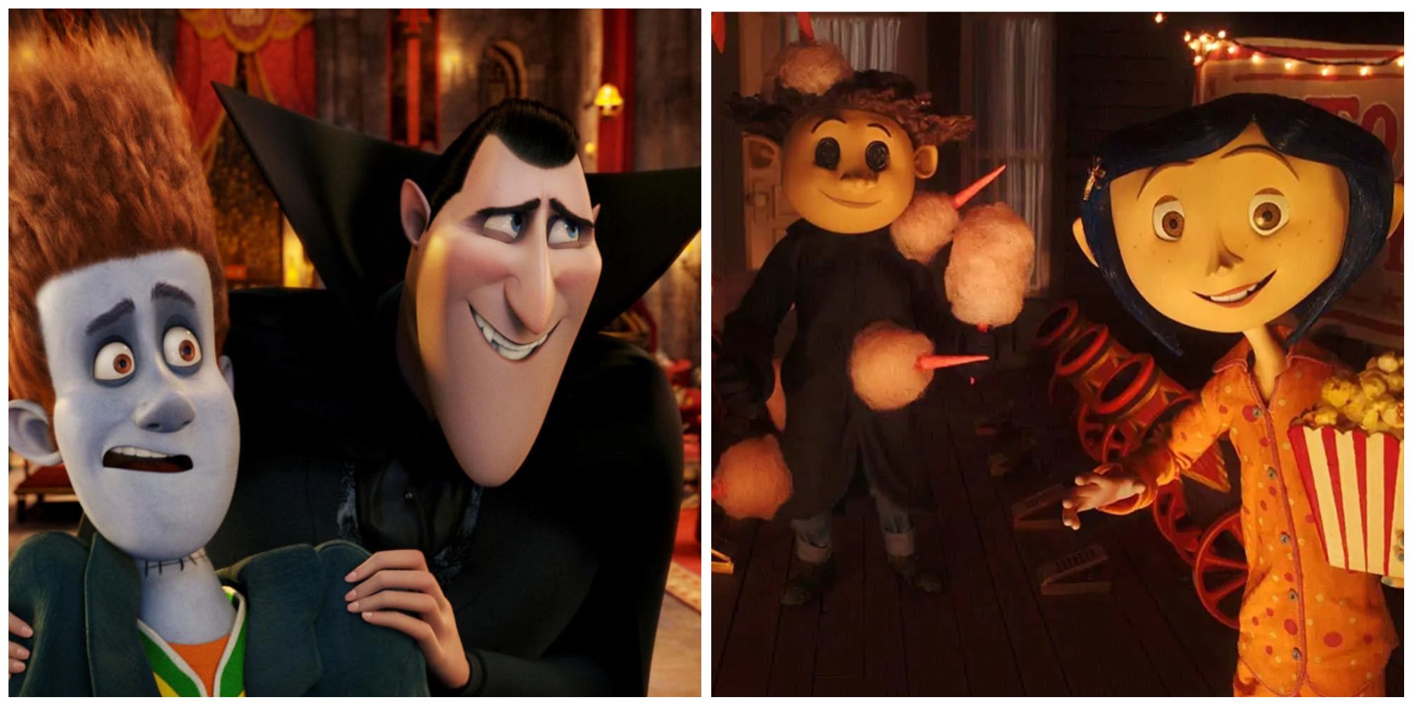 A split image of Dracula and Jonathon in Hotel Translyvania and Coraline 