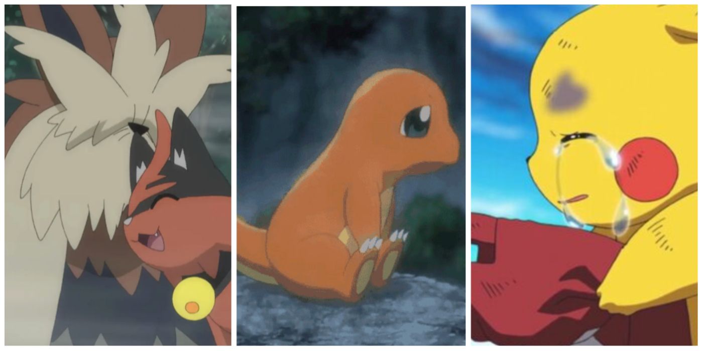 A split image of Litten and Stoutland, a sad Charmander, and a crying Pikachu from Pokemon