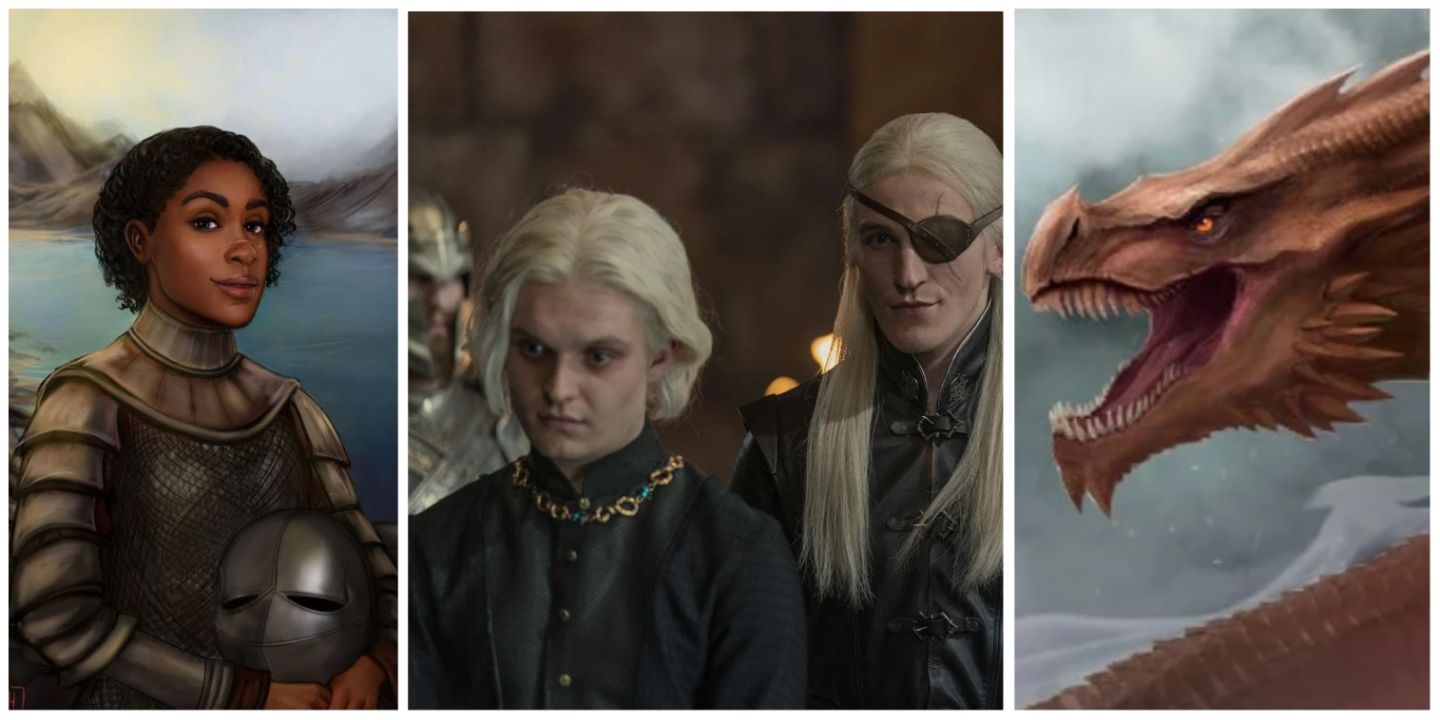 A split image of Nettles from Fire & Blood, Aemond and Aegon II in House of the Dragon, and Vermithor in Martin's books
