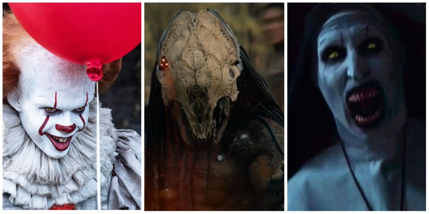 A split image of Pennywise in IT, the Predator in Prey, and Valek in The Conjuring 2