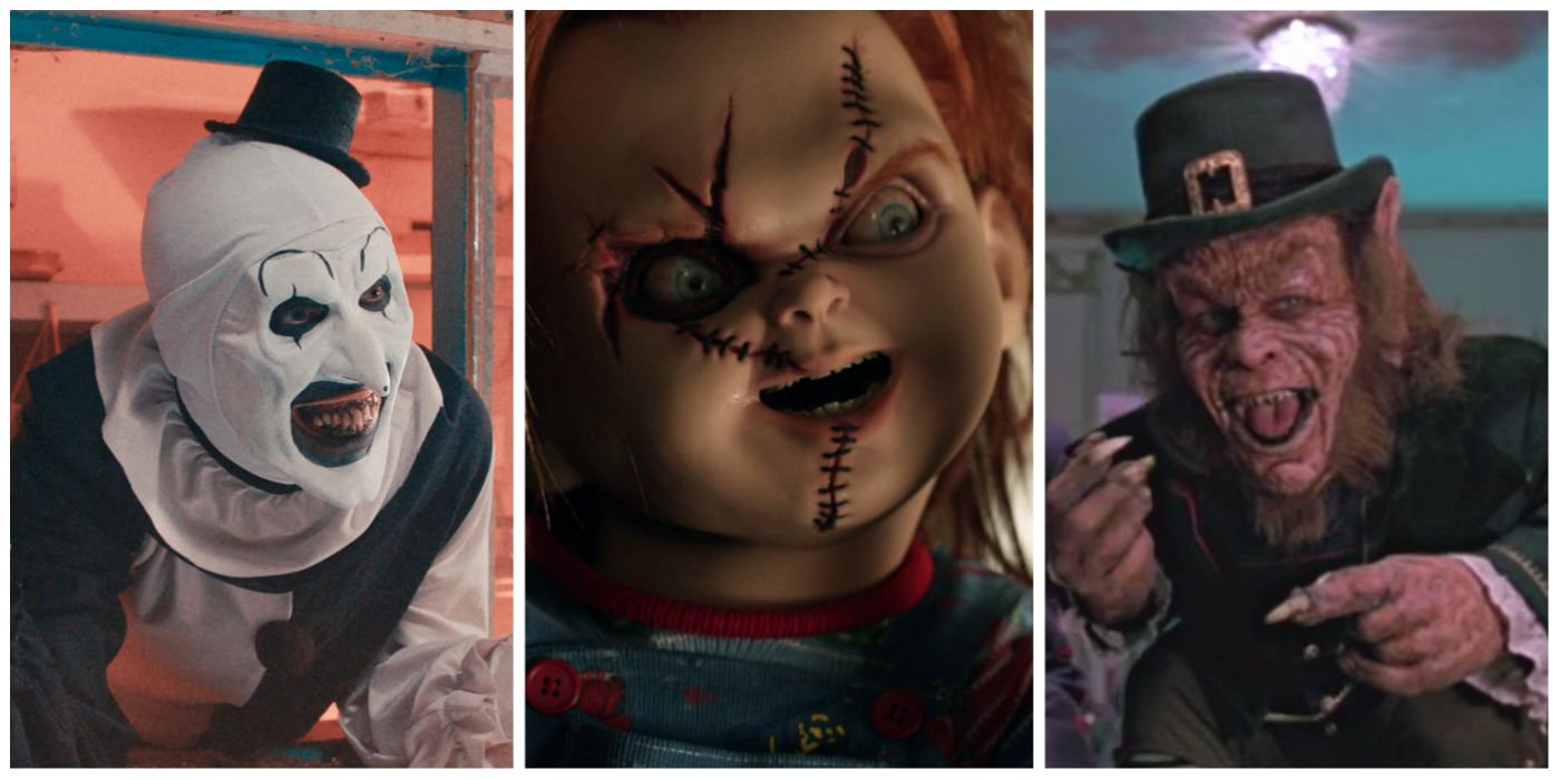 A split image of Terrifier's Art the Clown, Child's Play's Chucky, and Leprechaun
