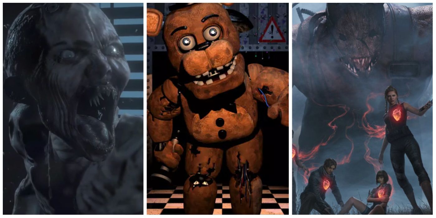 A split image of Until Dawn's Wendigo, Monsters in Dead By Daylight, and Freddy from FNAF