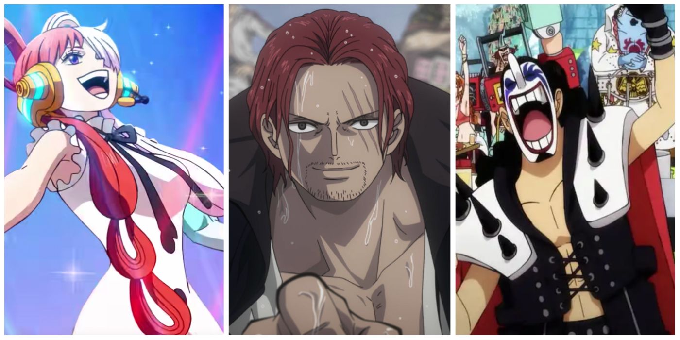 A split image of Uta, Shanks, and pirate audience in One Piece Film Red