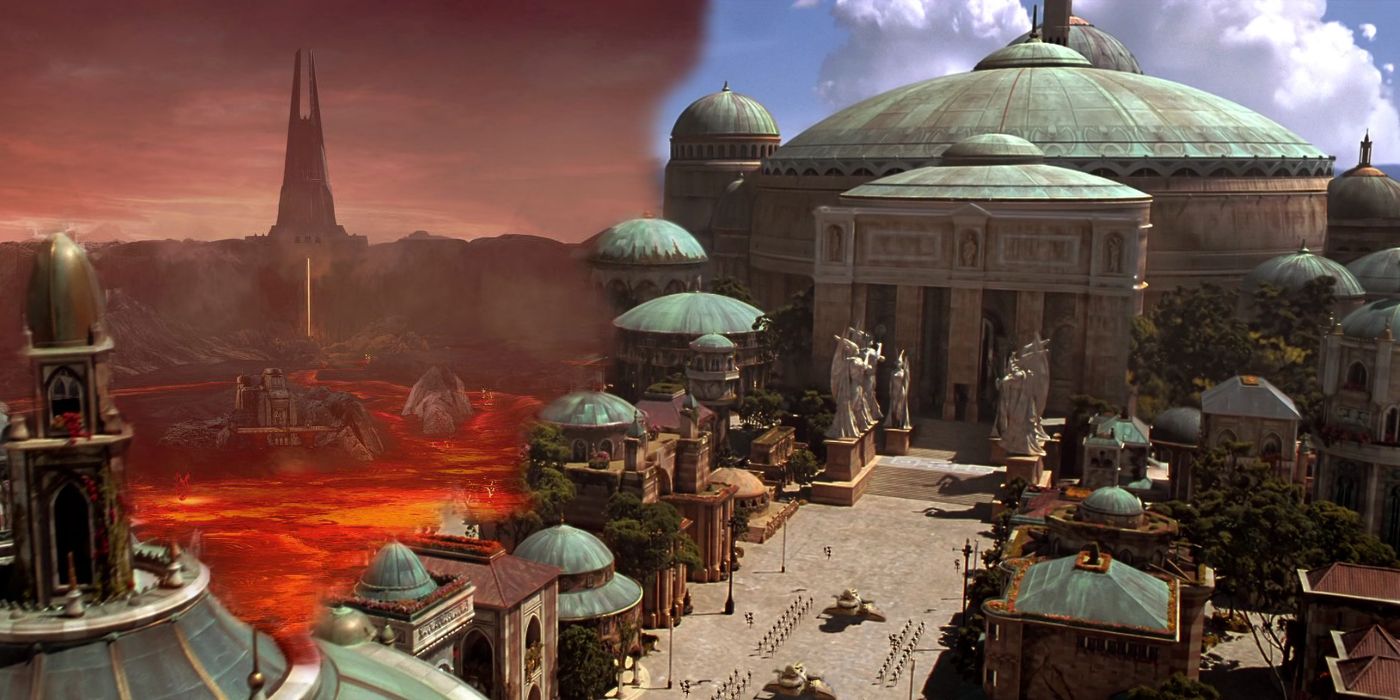 A split image of naboo and mustafar in star wars