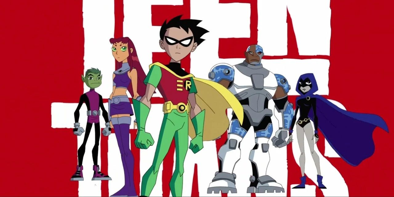 Beast Boy, Starfire, Robin, Cyborg, and Raven in the Original Teen Titans.