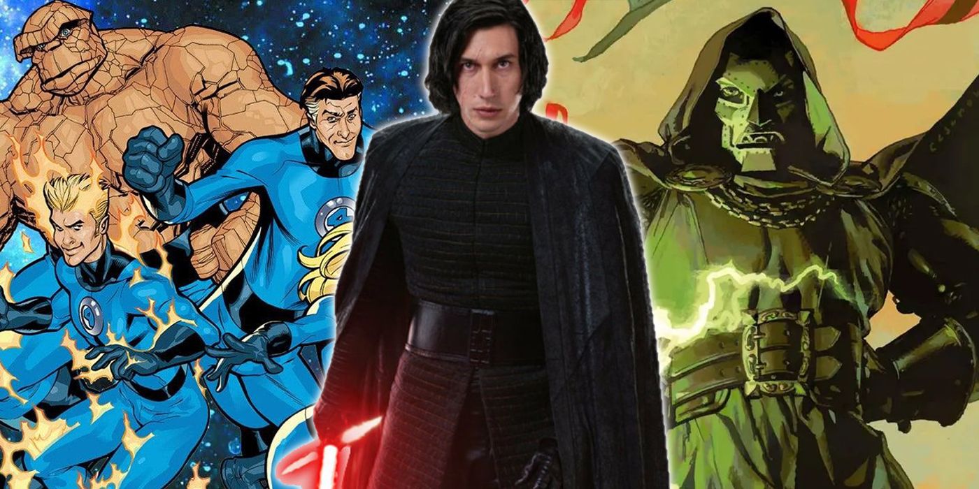 Adam Driver as Kylo Ren over comic images of Fantastic Four and Doctor Doom