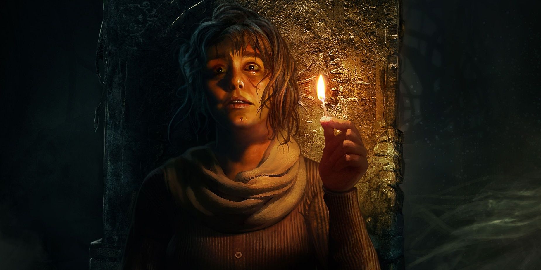 Tati, apavorada e segurando um fósforo aceso, se esconde nas cavernas de Amnesia: Rebirth
