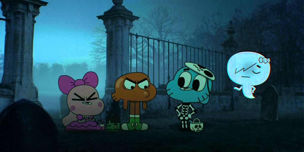 Anais, Darwin, Gumball, and Carrie in a cemetery from The Amazing World of Gumball.