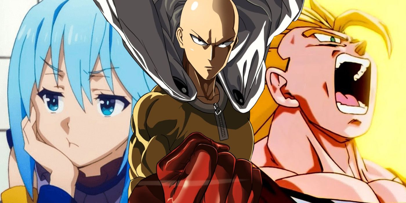 split image of Aqua from KonoSuba, Saitama from One Punch Man, and Super Saiyan 3 Goku