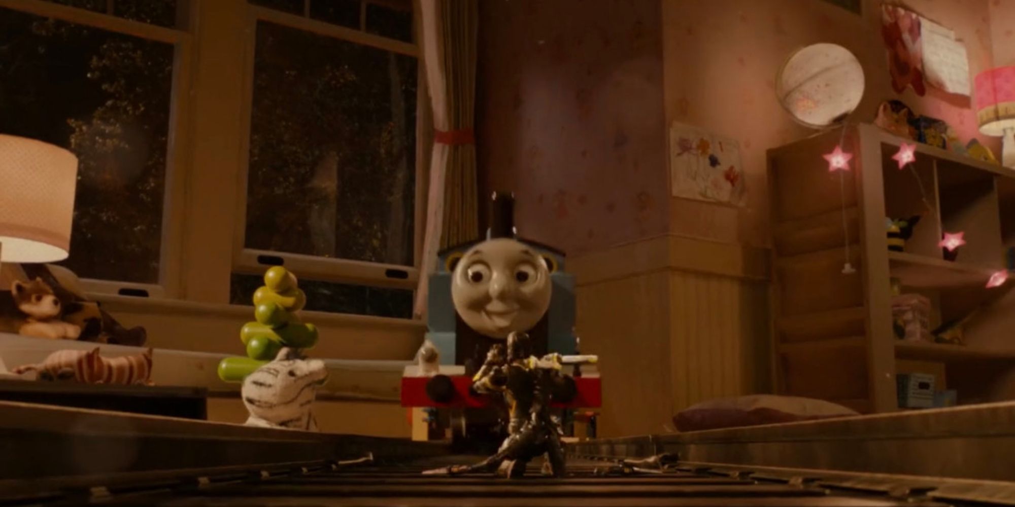 Yellowjacket getting hit by a Thomas the Tank Engine in Ant-Man (2015)