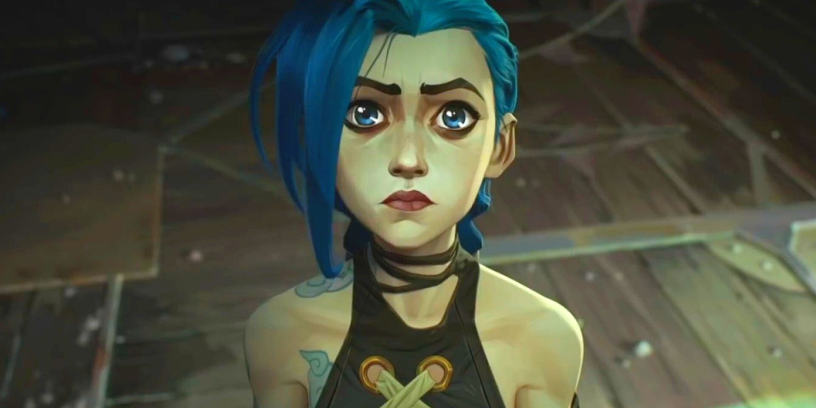 Jinx looking up at the camera in Arcane