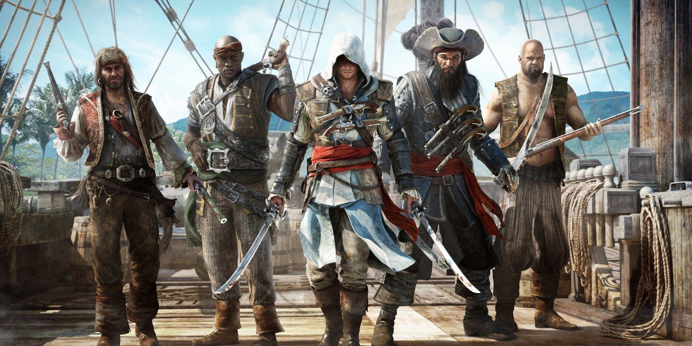 Edward Kenway com sua equipe no jogo Assassin's Creed IV: Black Flag.