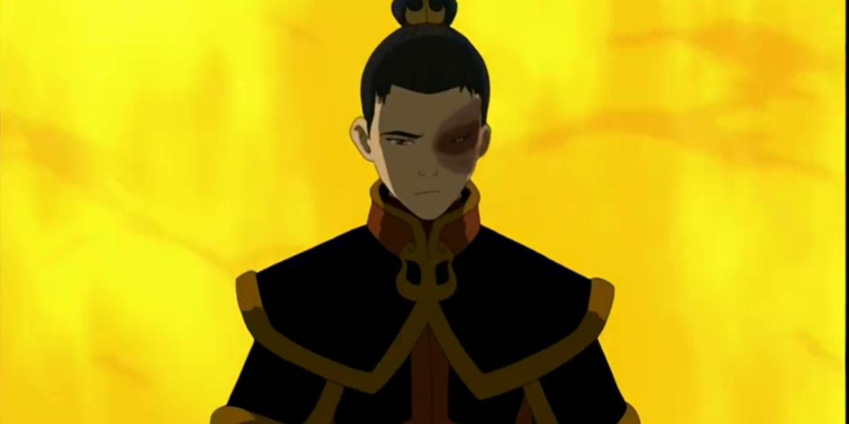 Zuko olhando para baixo em frente a um fundo de fogo em Avatar: The Last Airbender.