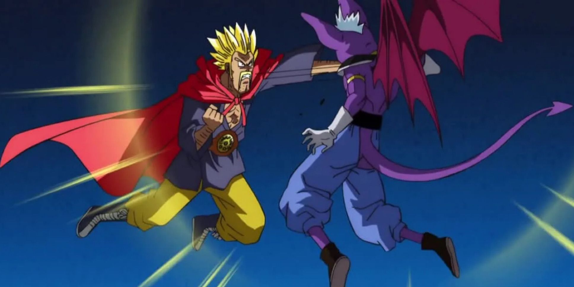 Super Saiyan Hercule fights Beerus in an exaggerated version of events in Dragon Ball Super