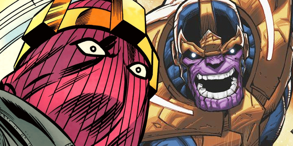 An image collage of Baron Zemo looking shocked and of Thanos shouting in rage