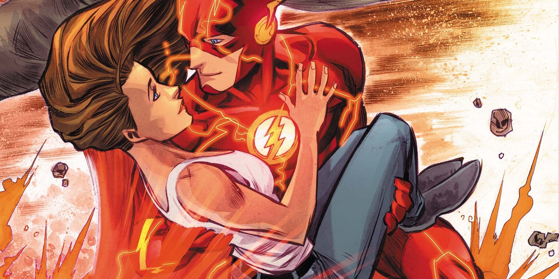 Barry Allen carries Iris West while running at super speed