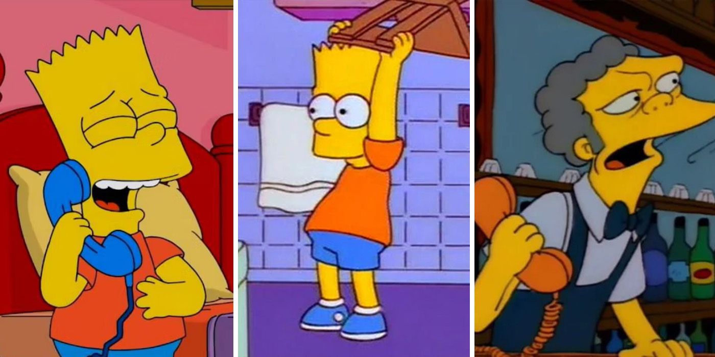 split image of Bart prank calling Moe in The Simpsons