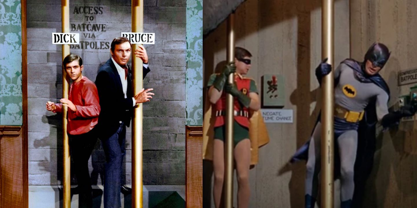 Bruce Wayne and Dick Grayson use the Bat Poles to change into Batman and Robin