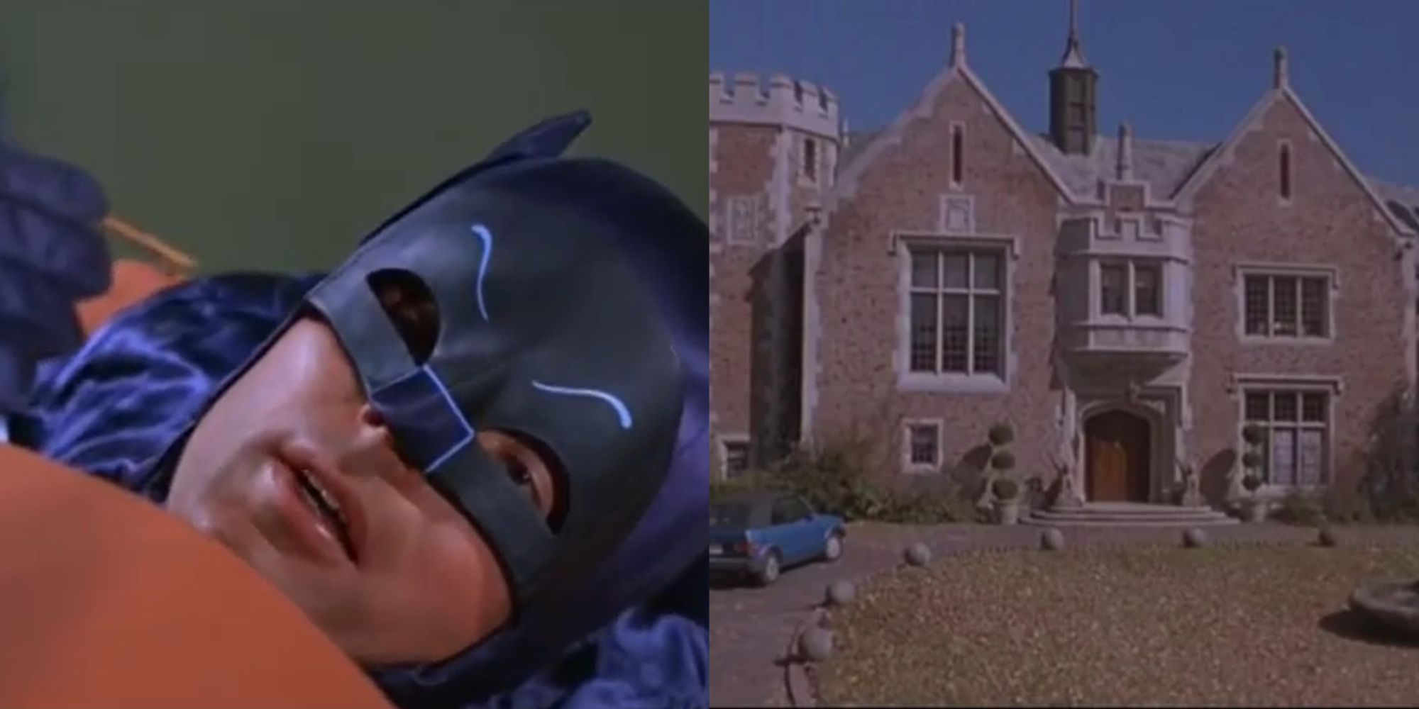 split image of 1966 Batman and Wayne Manor