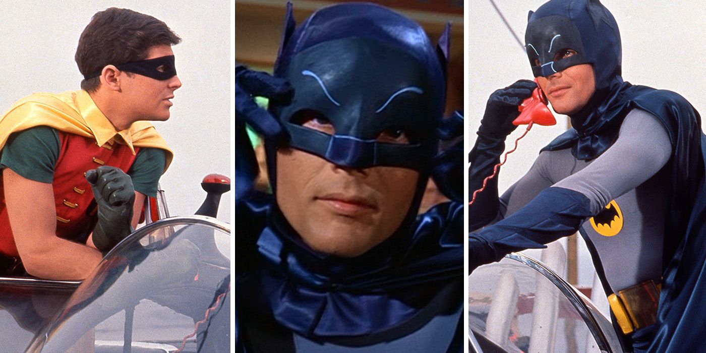 split image of Batman and Robin using the Bat Phone at the Batmobile in Batman 66