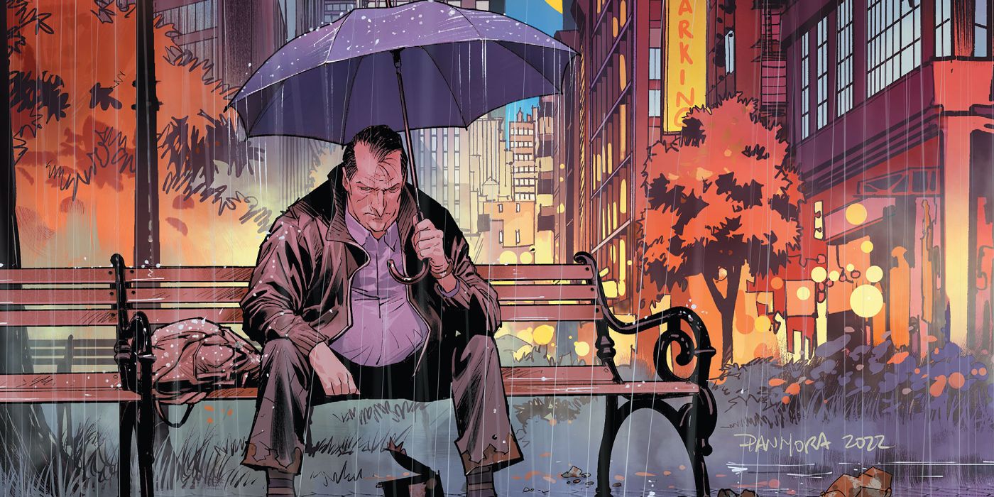 The Penguin sits on a bench in the rain in DC Comics