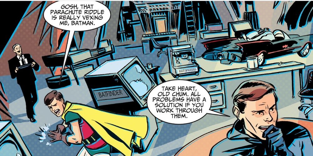 Batman, Robin and Alfred in the Batman 66 Batcave in DC Comics
