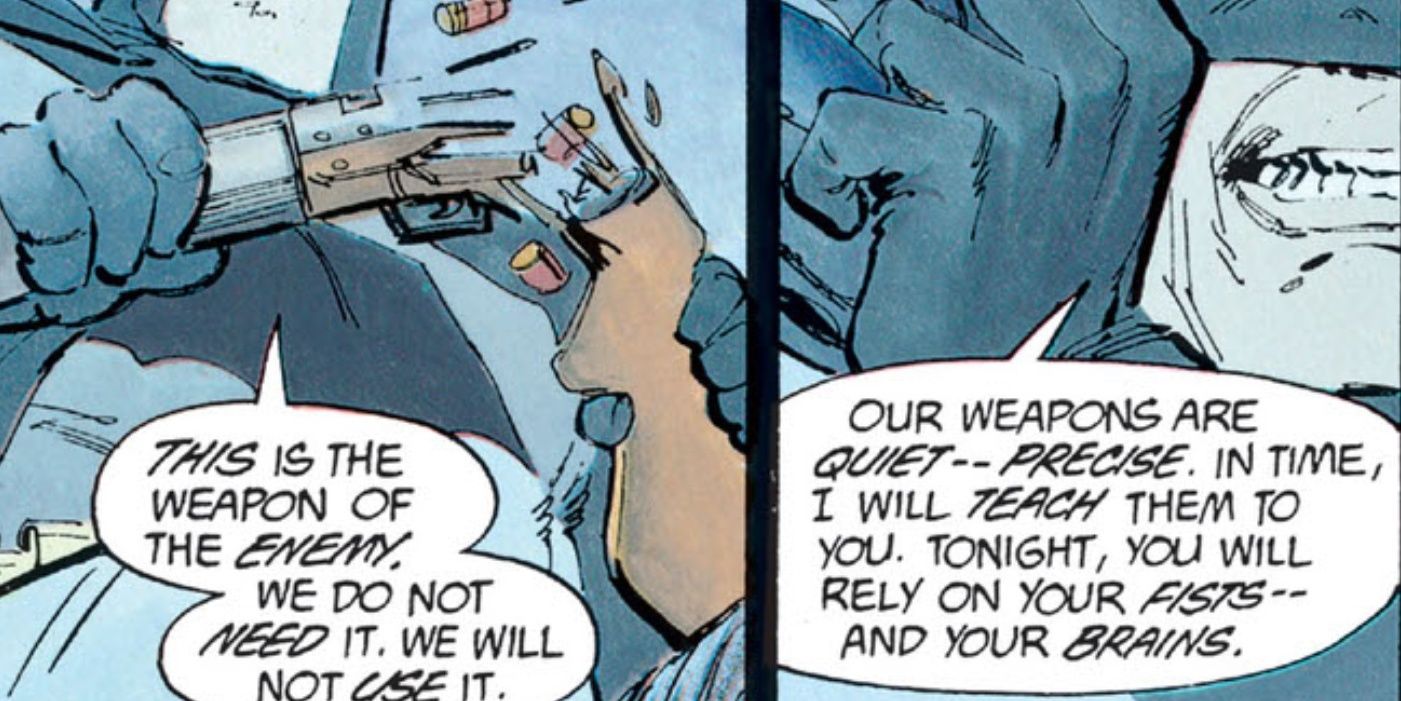 Batman explains that guns are the weapon of the enemy and his weapons are precise.