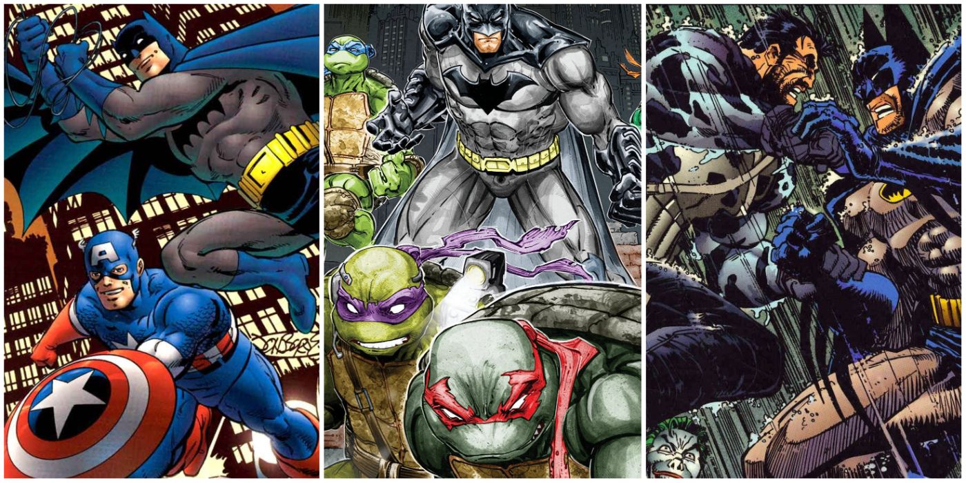 Batman and Captain America cover art, Batman TMNT cover art, and Punisher Batman cover art in side by side images