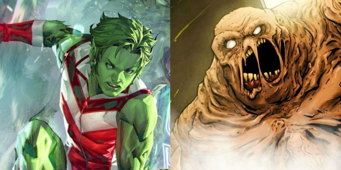 A split image of Beast Boy about to shapeshift and of Clayface towering over his enemy