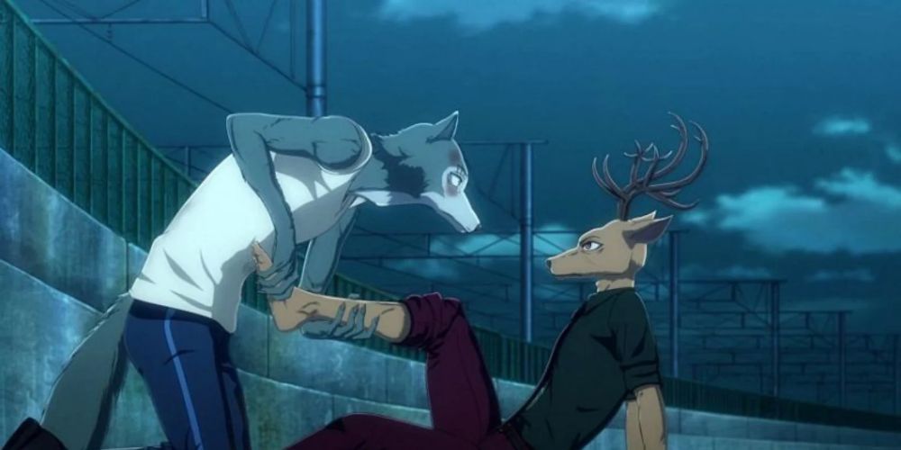 Legoshi holding Louis’s leg (still attached) before eating it from Beastars