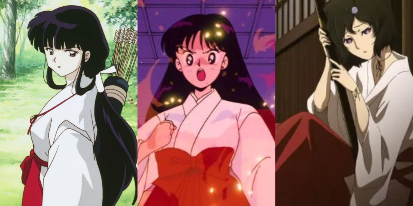 Kikyo from Inuyasha, Rei Hino from Sailor Moon, and Ruka Urushibara from Steins;Gate dressed as Shrine Maidens