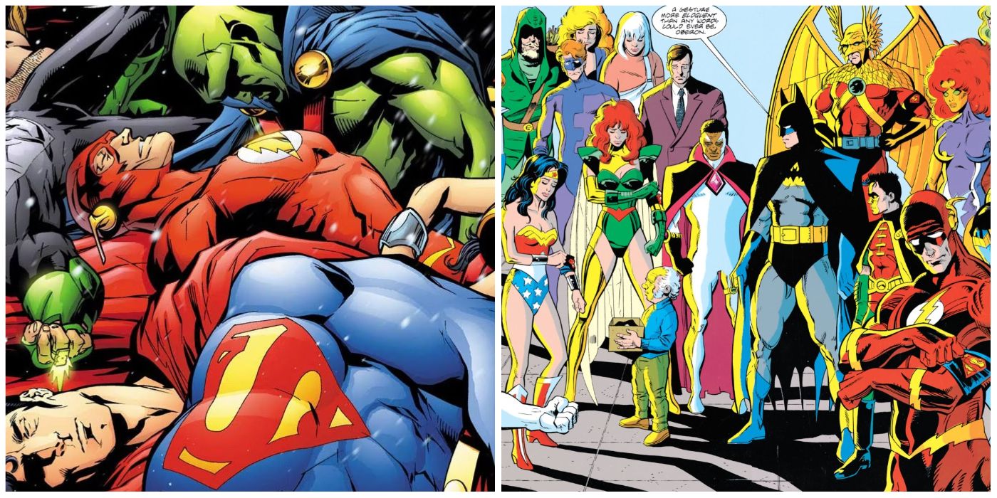 A split image of the comic cover for JLA Tower of Babel and of the Justice League of America reacting to Death of Superman