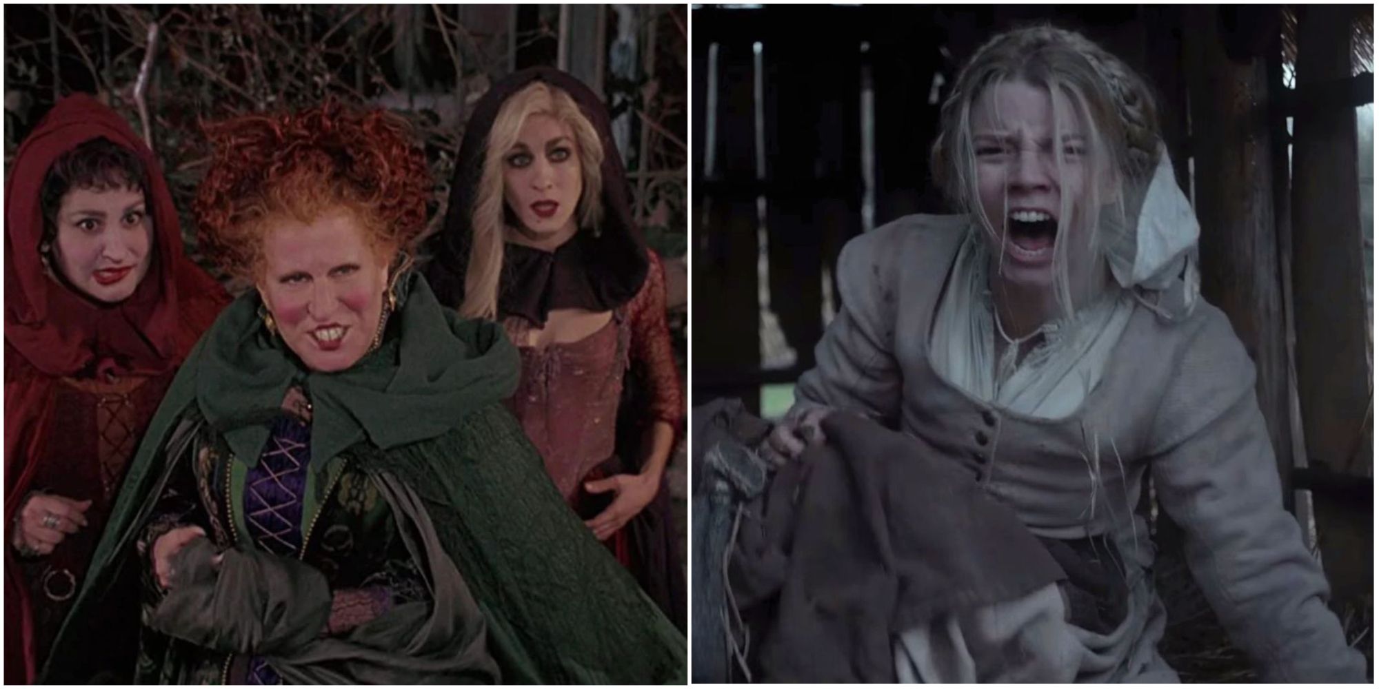 Best witch movies, split image of the Sanderson sisters in Hocus Pocus and Anya Taylor-Joy in The Witch 