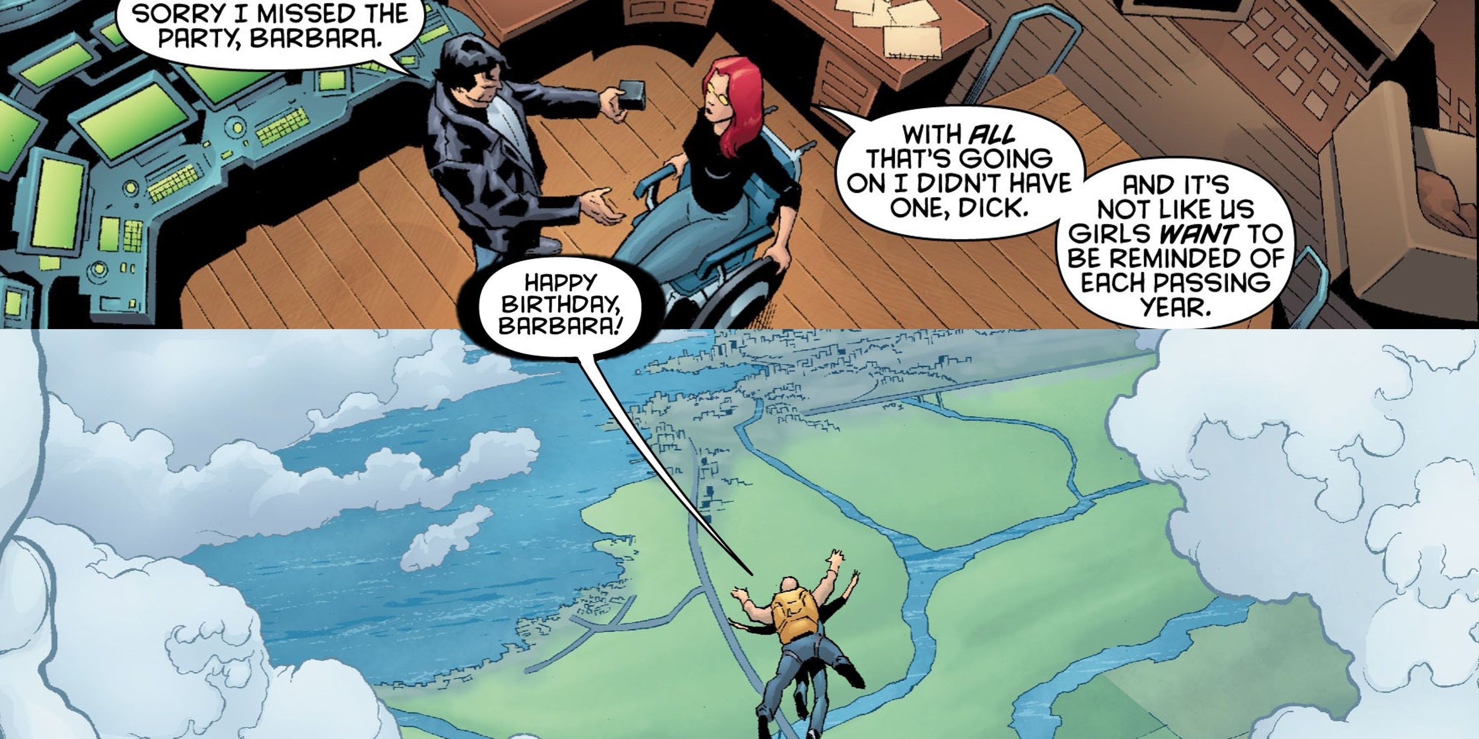 Dick Grayson takes Barbara Gordon skydiving for her birthday in DC Comics