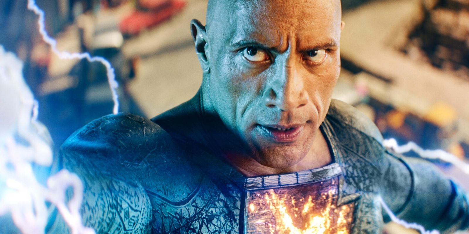 Dwayne Johnson as Black Adam, showing off his electricity powers