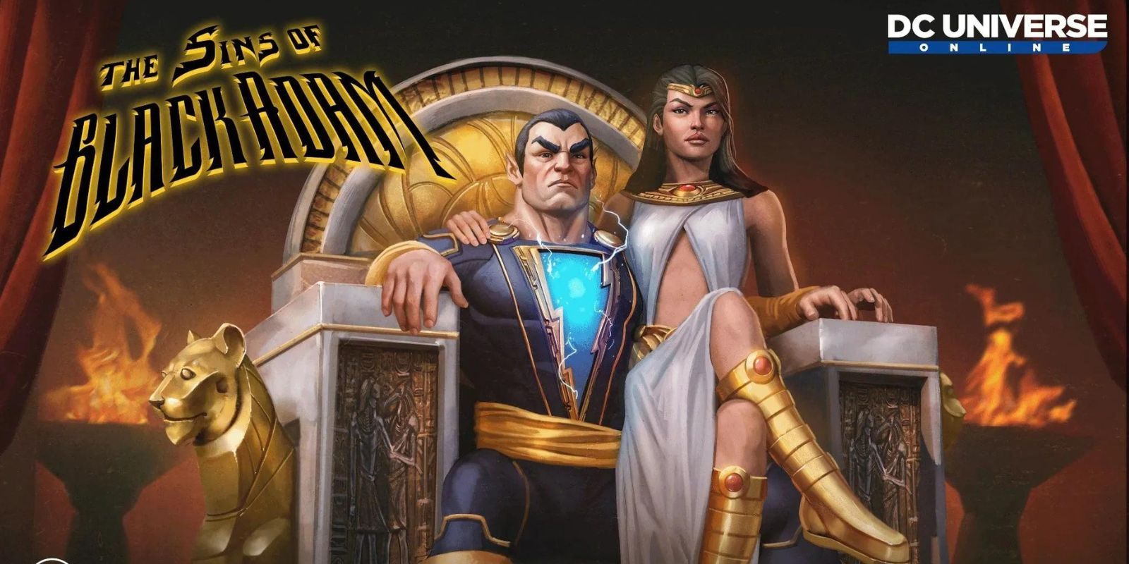 DCUO's Black Adam sits on his throne alongside his wife Isis