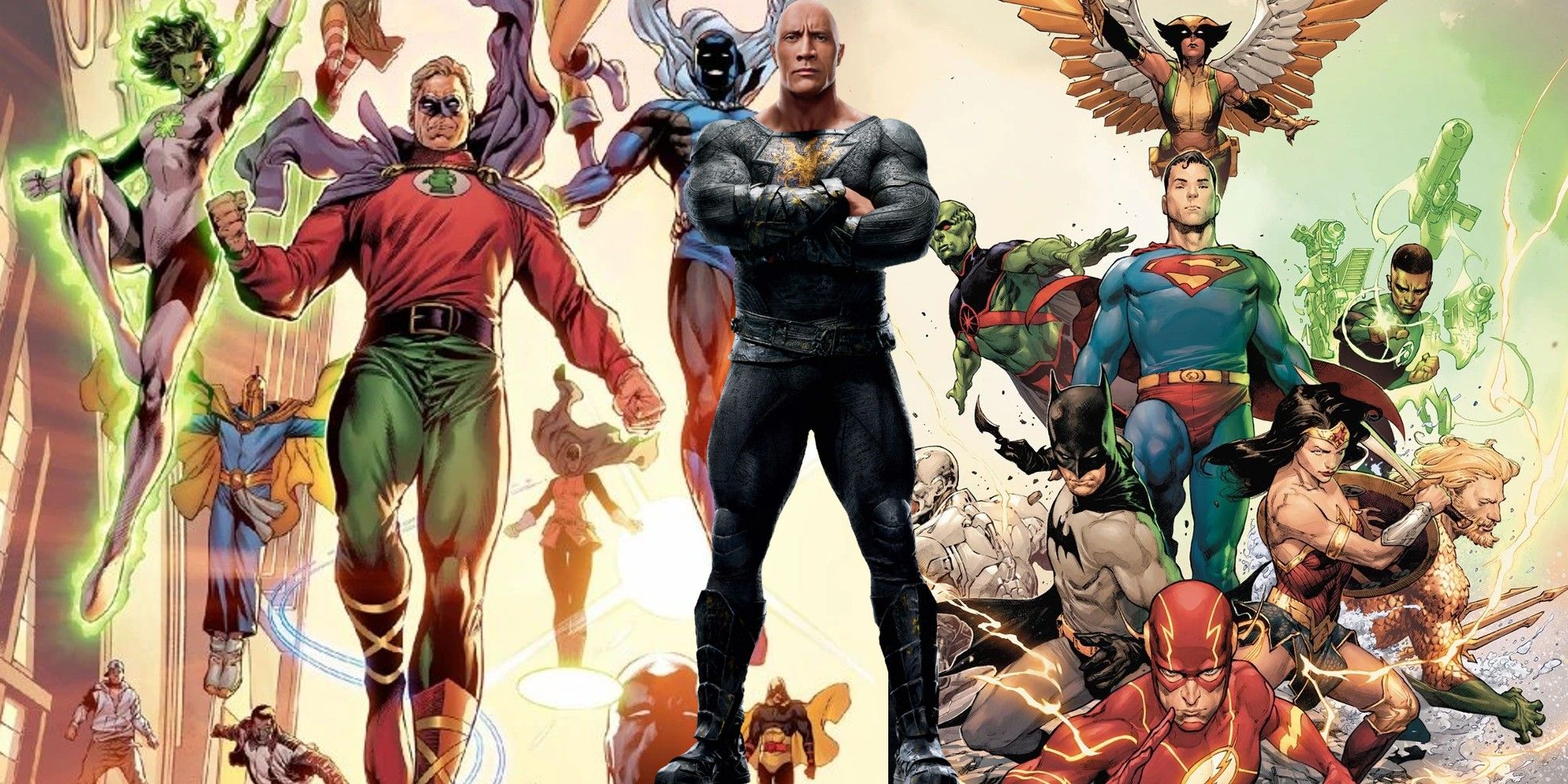 Dwayne Johnson as Black Adam with the Justice Society and Justice League in the background