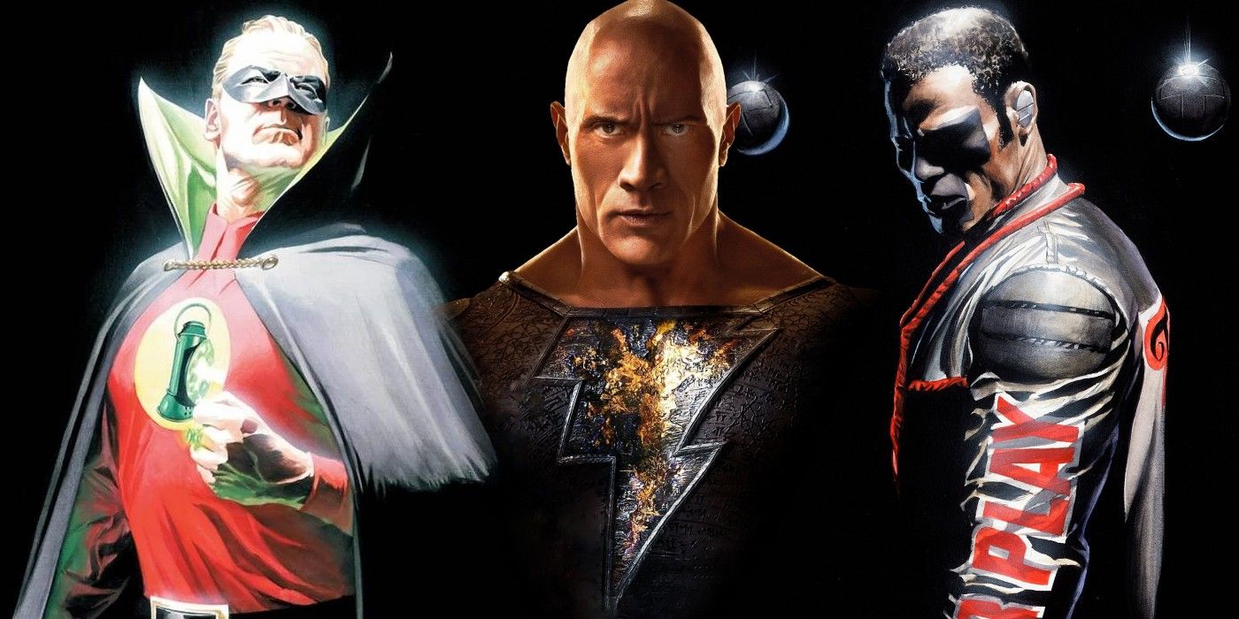 A collage image showing Alex Ross art of Green Lantern and Mister Terrific, and a photo of Dwayne Johnson as Black Adam