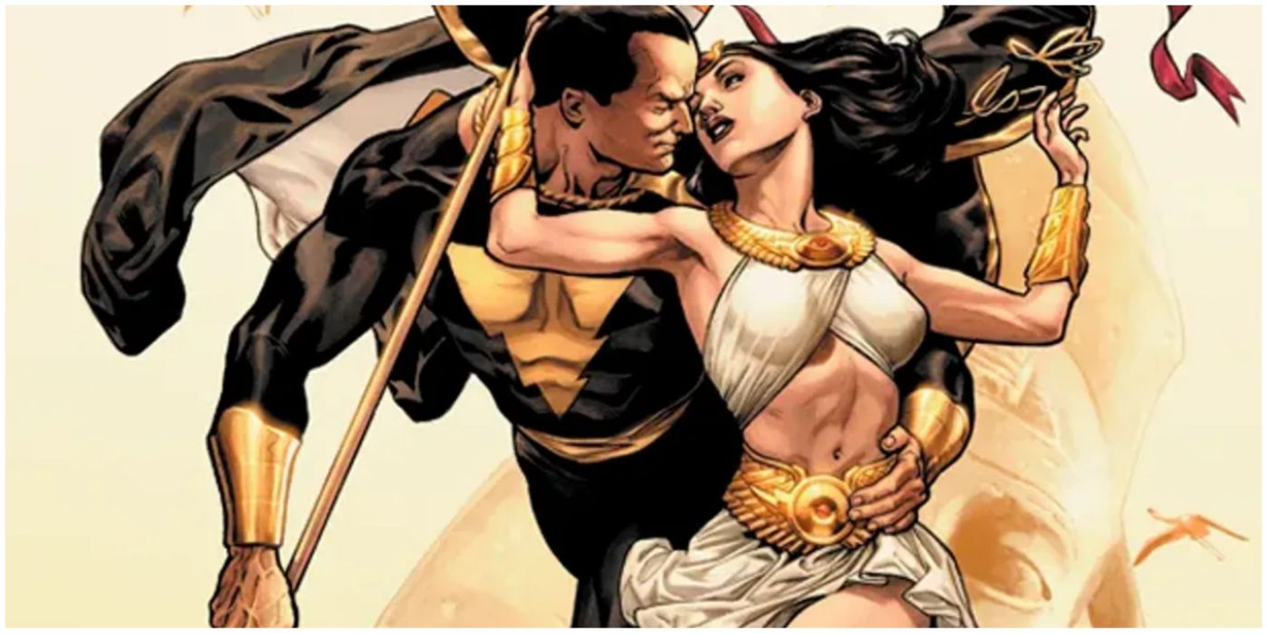 Black Adam holding Isis with his arm as they fly in DC comics
