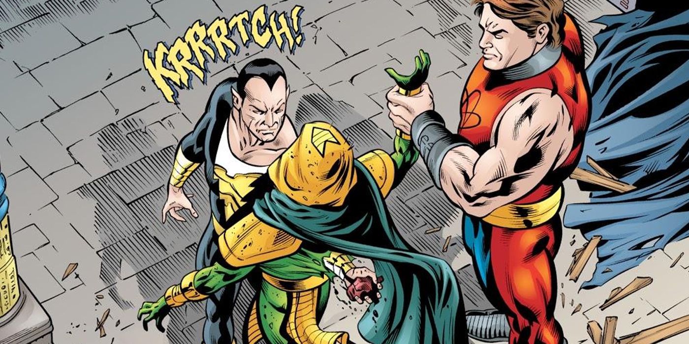 Black Adam ripping Kobra's heart out with Atom-Smasher's help