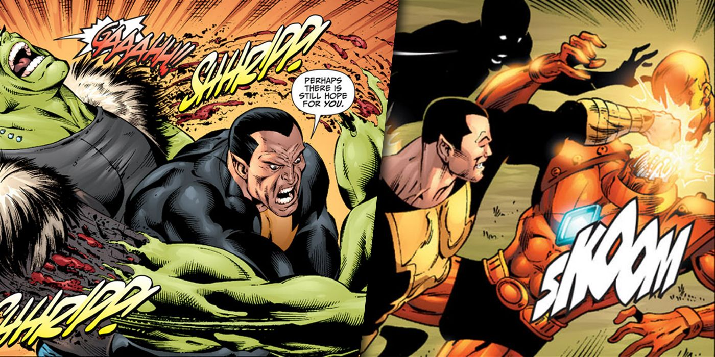 Black Adam ripping Young Frankenstien's arms off and punching Robotman's head off split image