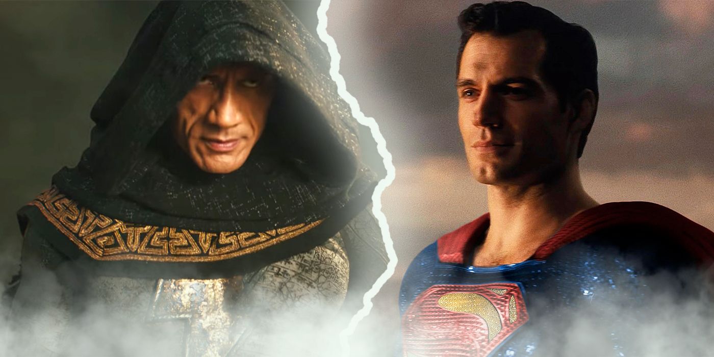 Dwayne Johnson's Black Adam and Henry Cavill's Superman with a lightning bolt in between