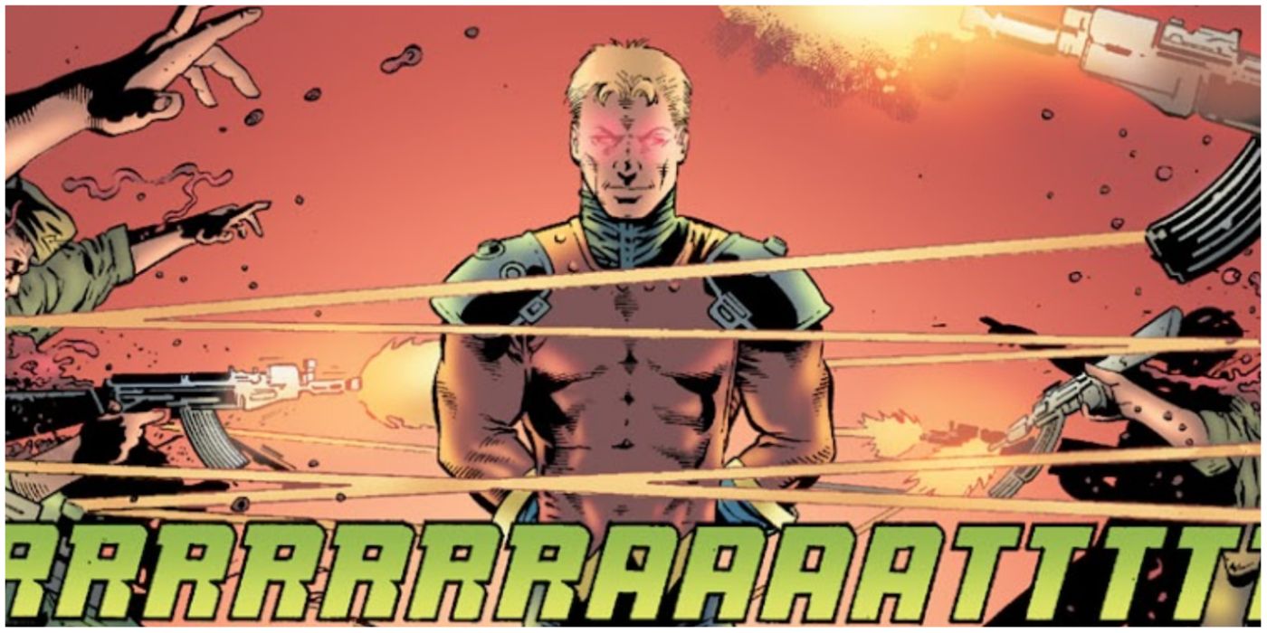 Brainwave Jr standing in a line of bullets in DC comics